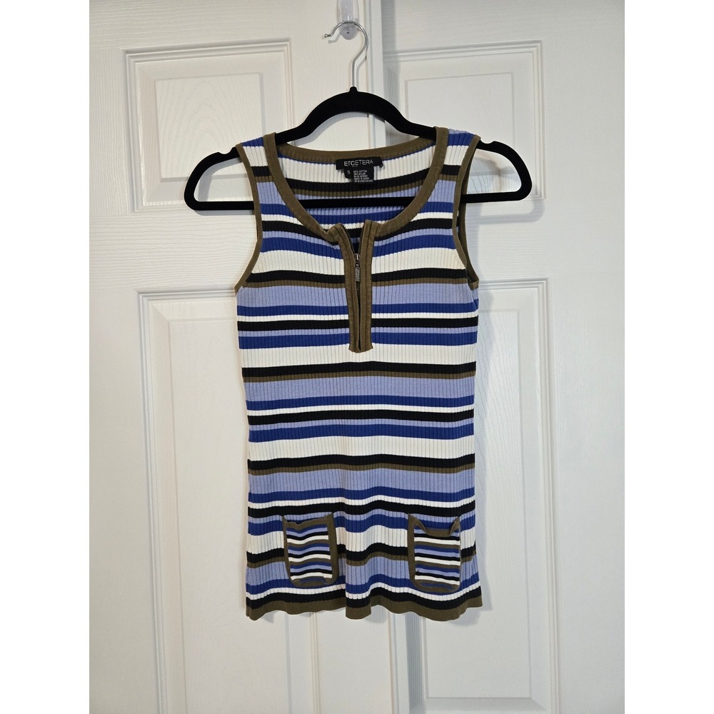 Etcetera Womens Small Blue Striped Ribbed Knit Half Zip Tank Top Front Pockets